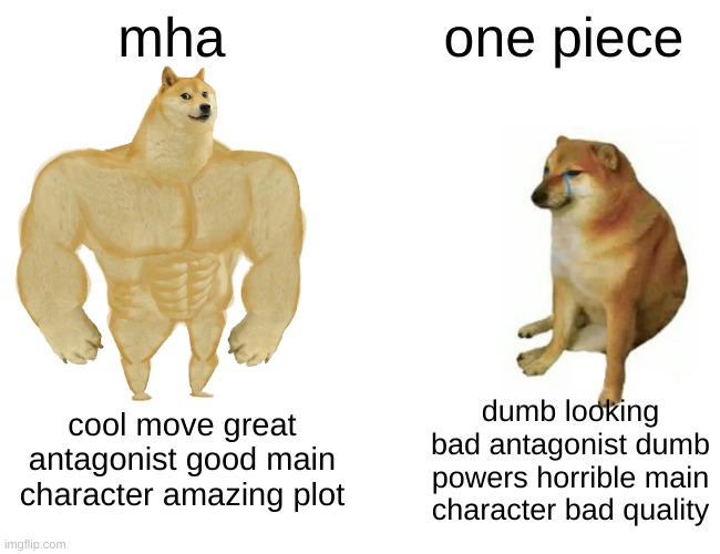 Buff Doge vs. Cheems Meme | mha; one piece; cool move great antagonist good main character amazing plot; dumb looking bad antagonist dumb powers horrible main character bad quality | image tagged in memes,buff doge vs cheems | made w/ Imgflip meme maker