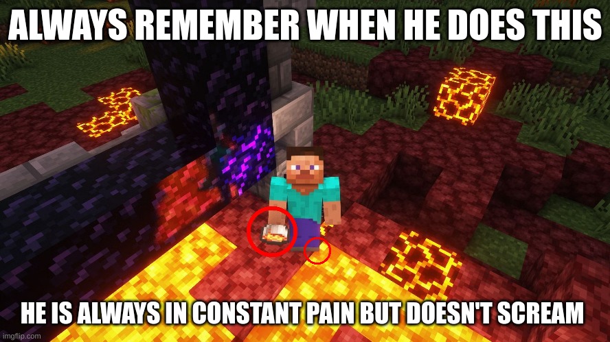 ALWAYS REMEMBER WHEN HE DOES THIS; HE IS ALWAYS IN CONSTANT PAIN BUT DOESN'T SCREAM | image tagged in minecraft memes,excuse me what the heck,yeah that makes sense,gamers,funny memes,enlightened | made w/ Imgflip meme maker