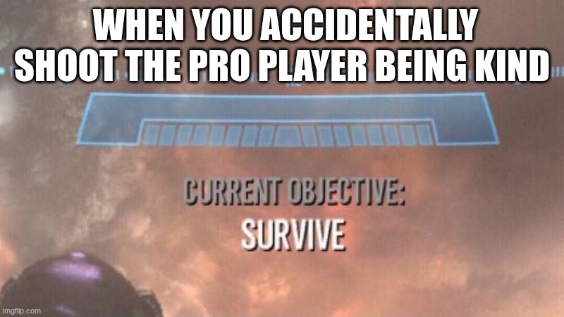 Current Objective: Survive | WHEN YOU ACCIDENTALLY SHOOT THE PRO PLAYER BEING KIND | image tagged in current objective survive | made w/ Imgflip meme maker
