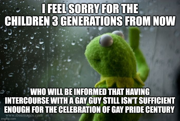 kermit window | I FEEL SORRY FOR THE CHILDREN 3 GENERATIONS FROM NOW; WHO WILL BE INFORMED THAT HAVING INTERCOURSE WITH A GAY GUY STILL ISN'T SUFFICIENT ENOUGH FOR THE CELEBRATION OF GAY PRIDE CENTURY | image tagged in kermit window | made w/ Imgflip meme maker