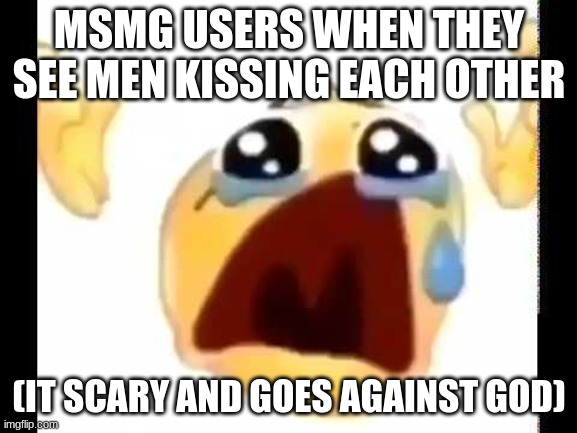 Just lettin' you know, this is a joke | MSMG USERS WHEN THEY SEE MEN KISSING EACH OTHER; (IT SCARY AND GOES AGAINST GOD) | image tagged in cursed crying emoji | made w/ Imgflip meme maker