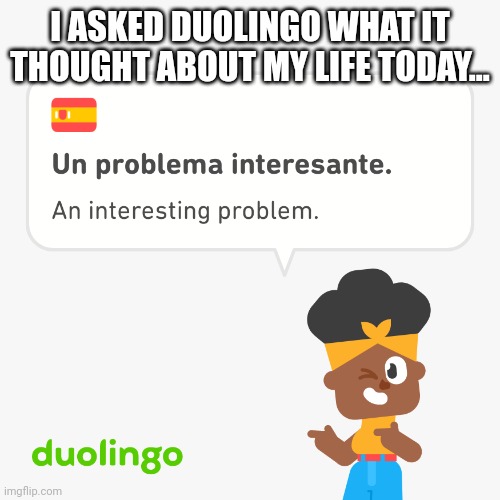 Duolingo!! I Swear To God! | I ASKED DUOLINGO WHAT IT THOUGHT ABOUT MY LIFE TODAY... | image tagged in an interesting problom | made w/ Imgflip meme maker