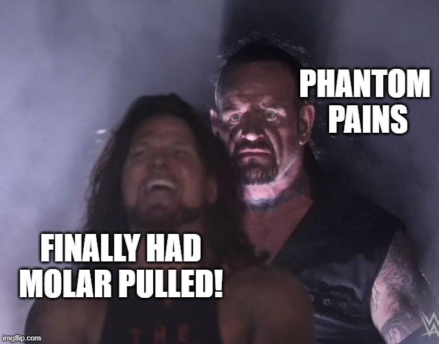 da pain iz real | PHANTOM 
PAINS; FINALLY HAD MOLAR PULLED! | image tagged in undertaker,extraction,molar,phantom pain | made w/ Imgflip meme maker