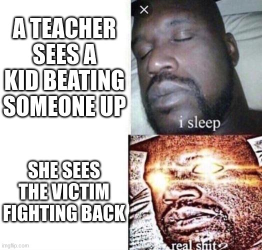 i sleep real shit | A TEACHER SEES A KID BEATING SOMEONE UP; SHE SEES THE VICTIM FIGHTING BACK | image tagged in i sleep real shit | made w/ Imgflip meme maker
