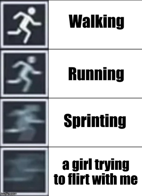 Very Fast | a girl trying to flirt with me | image tagged in very fast | made w/ Imgflip meme maker