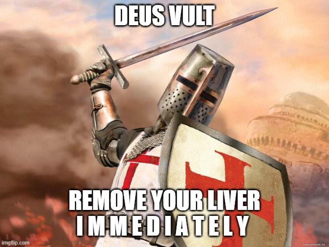 deus vult | DEUS VULT REMOVE YOUR LIVER I M M E D I A T E L Y | image tagged in deus vult | made w/ Imgflip meme maker