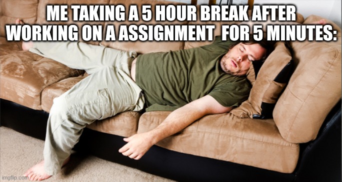 me on assignments | ME TAKING A 5 HOUR BREAK AFTER WORKING ON A ASSIGNMENT  FOR 5 MINUTES: | image tagged in lazy,relatable,memes | made w/ Imgflip meme maker