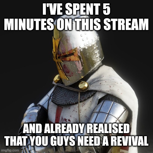 Suggestion in comments | I'VE SPENT 5 MINUTES ON THIS STREAM; AND ALREADY REALISED THAT YOU GUYS NEED A REVIVAL | image tagged in paladin,the great awakening | made w/ Imgflip meme maker