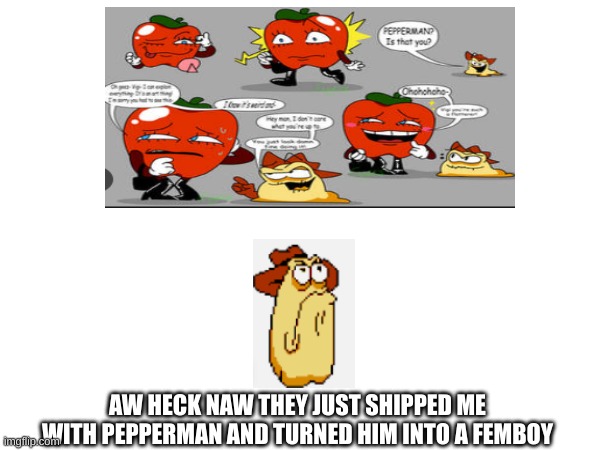vigilante looks at another random image of himself | AW HECK NAW THEY JUST SHIPPED ME WITH PEPPERMAN AND TURNED HIM INTO A FEMBOY | image tagged in pizza tower,funny memes,gaming | made w/ Imgflip meme maker