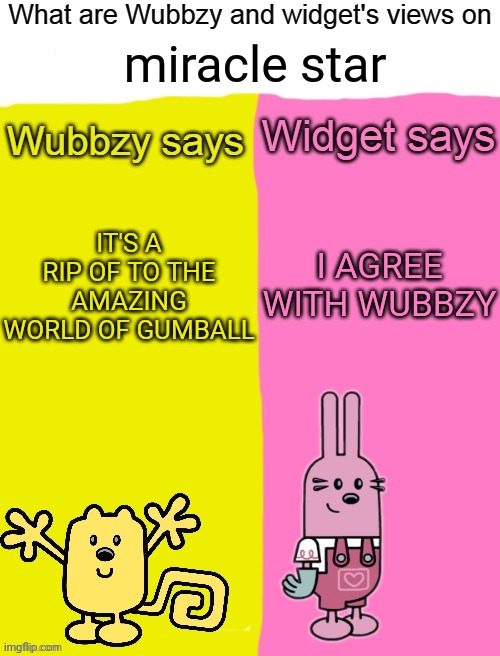 Wubbzy and widget view miracle star | miracle star; I AGREE WITH WUBBZY; IT'S A RIP OF TO THE AMAZING WORLD OF GUMBALL | image tagged in wubbzy and widget views | made w/ Imgflip meme maker