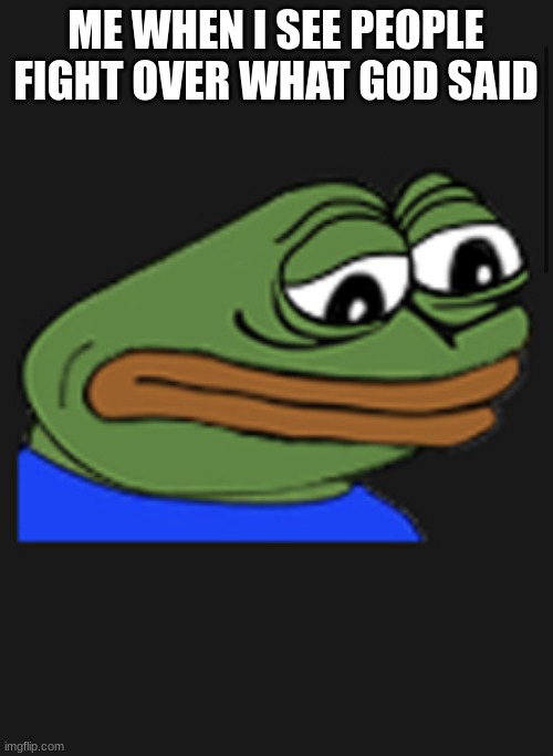 Sadge | ME WHEN I SEE PEOPLE FIGHT OVER WHAT GOD SAID | image tagged in sadge | made w/ Imgflip meme maker