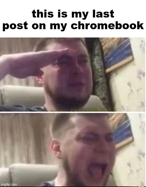 goodbye for like 2 hours lmao | this is my last post on my chromebook | image tagged in crying salute | made w/ Imgflip meme maker