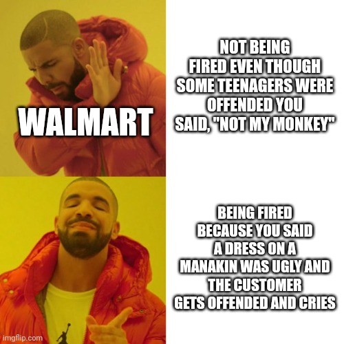 Drake Blank | NOT BEING FIRED EVEN THOUGH SOME TEENAGERS WERE OFFENDED YOU SAID, "NOT MY MONKEY"; WALMART; BEING FIRED BECAUSE YOU SAID A DRESS ON A MANAKIN WAS UGLY AND THE CUSTOMER GETS OFFENDED AND CRIES | image tagged in drake blank | made w/ Imgflip meme maker
