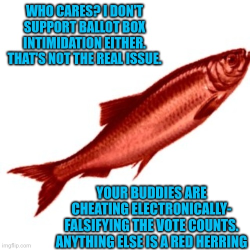 Red Herring | WHO CARES? I DON'T SUPPORT BALLOT BOX INTIMIDATION EITHER. THAT'S NOT THE REAL ISSUE. YOUR BUDDIES ARE CHEATING ELECTRONICALLY- FALSIFYING T | image tagged in red herring | made w/ Imgflip meme maker