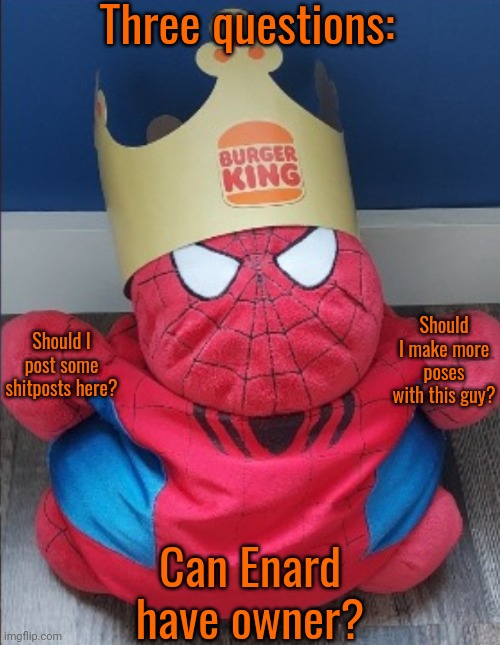 He is our king | Three questions:; Should I make more poses with this guy? Should I post some shitposts here? Can Enard have owner? | image tagged in he might already have it lemme check | made w/ Imgflip meme maker