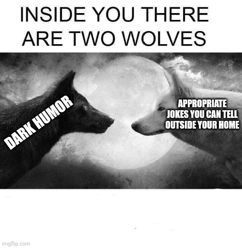 Inside you there are two wolves | APPROPRIATE JOKES YOU CAN TELL OUTSIDE YOUR HOME; DARK HUMOR | image tagged in inside you there are two wolves | made w/ Imgflip meme maker