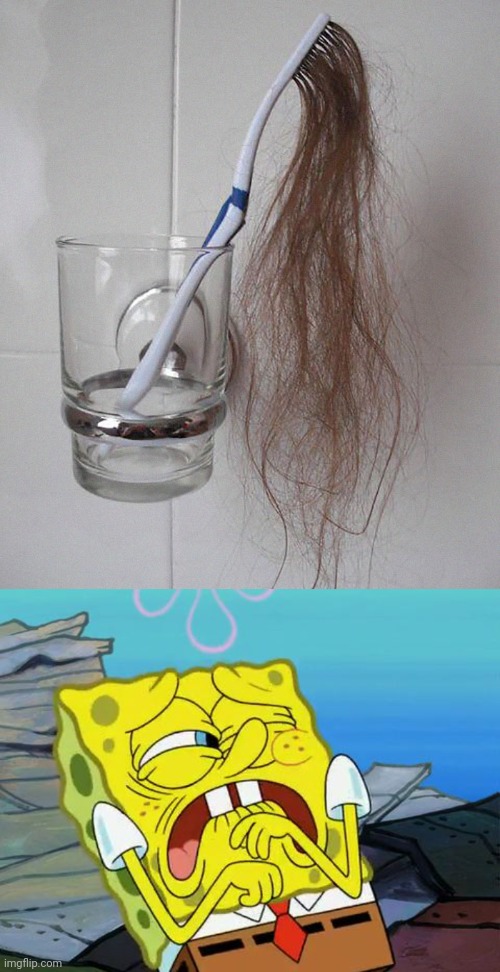 Cursed toothbrush | image tagged in cringing spongebob,toothbrush,hair,cursed image,cursed,memes | made w/ Imgflip meme maker