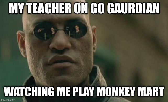 My teacher watching me on Go Guardian | MY TEACHER ON GO GAURDIAN; WATCHING ME PLAY MONKEY MART | image tagged in memes,matrix morpheus | made w/ Imgflip meme maker