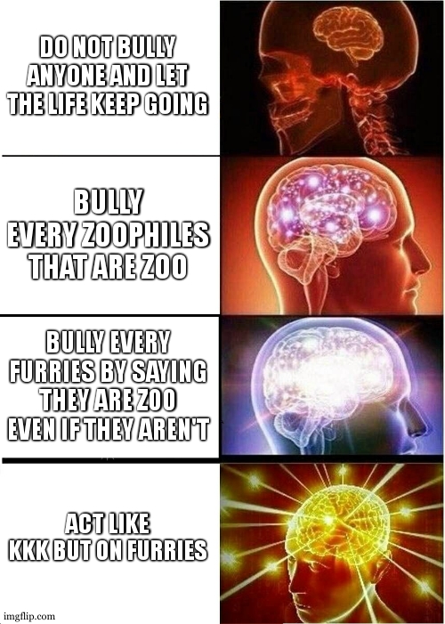 Expanding Brain Meme | DO NOT BULLY ANYONE AND LET THE LIFE KEEP GOING BULLY EVERY ZOOPHILES THAT ARE ZOO BULLY EVERY FURRIES BY SAYING THEY ARE ZOO EVEN IF THEY A | image tagged in memes,expanding brain | made w/ Imgflip meme maker