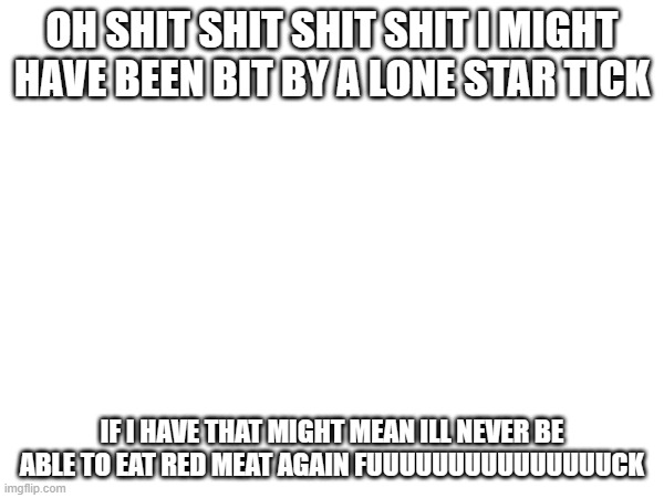 OH SHIT SHIT SHIT SHIT I MIGHT HAVE BEEN BIT BY A LONE STAR TICK; IF I HAVE THAT MIGHT MEAN ILL NEVER BE ABLE TO EAT RED MEAT AGAIN FUUUUUUUUUUUUUUUCK | made w/ Imgflip meme maker