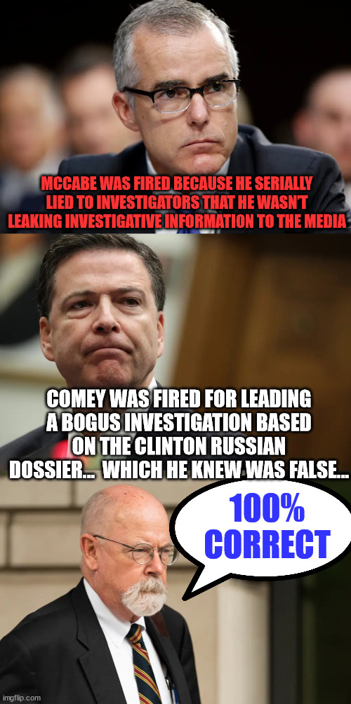 It's called treason... | MCCABE WAS FIRED BECAUSE HE SERIALLY LIED TO INVESTIGATORS THAT HE WASN’T LEAKING INVESTIGATIVE INFORMATION TO THE MEDIA; COMEY WAS FIRED FOR LEADING A BOGUS INVESTIGATION BASED ON THE CLINTON RUSSIAN DOSSIER...  WHICH HE KNEW WAS FALSE... 100% CORRECT | image tagged in deep state,treason | made w/ Imgflip meme maker