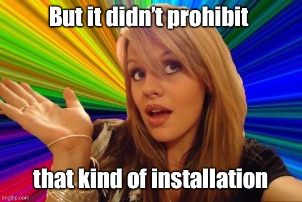 Dumb Blonde Meme | But it didn’t prohibit that kind of installation | image tagged in memes,dumb blonde | made w/ Imgflip meme maker