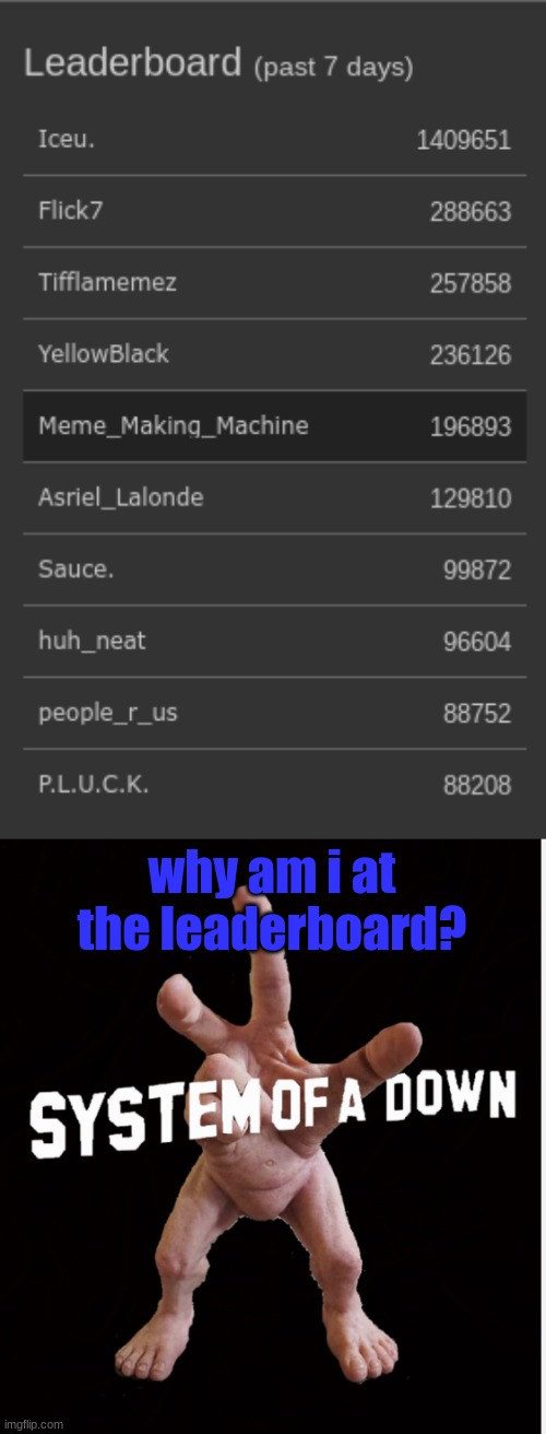 why am i at the leaderboard? | image tagged in hand creature | made w/ Imgflip meme maker