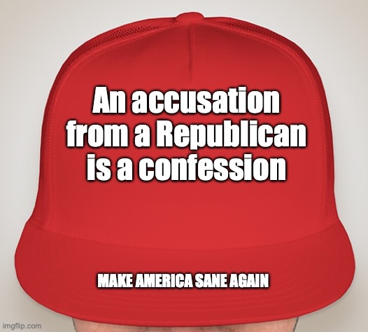 Trump Hat | An accusation from a Republican is a confession; MAKE AMERICA SANE AGAIN | image tagged in trump hat | made w/ Imgflip meme maker
