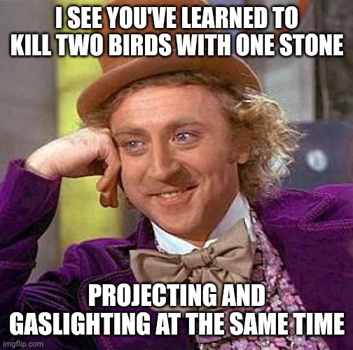 Creepy Condescending Wonka Meme | I SEE YOU'VE LEARNED TO KILL TWO BIRDS WITH ONE STONE PROJECTING AND GASLIGHTING AT THE SAME TIME | image tagged in memes,creepy condescending wonka | made w/ Imgflip meme maker
