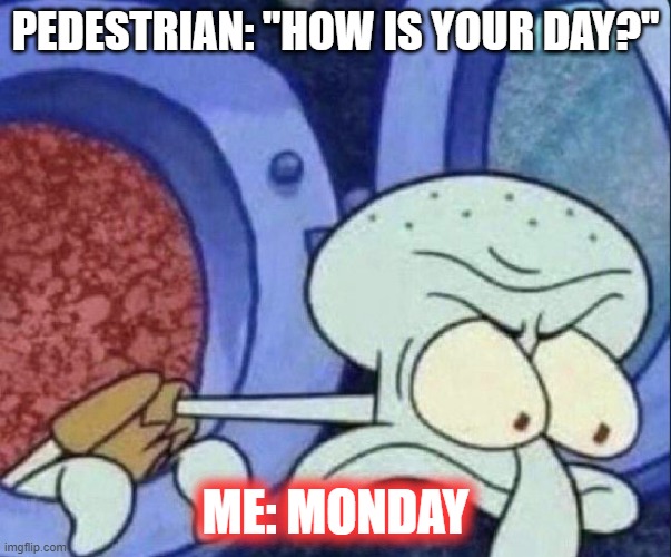 Grumpy Monday | PEDESTRIAN: "HOW IS YOUR DAY?"; ME: MONDAY | image tagged in squidward | made w/ Imgflip meme maker