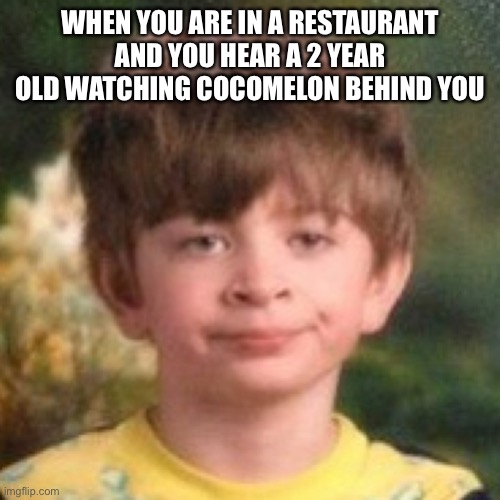I hate cocomelon | WHEN YOU ARE IN A RESTAURANT AND YOU HEAR A 2 YEAR OLD WATCHING COCOMELON BEHIND YOU | image tagged in annoyed face | made w/ Imgflip meme maker