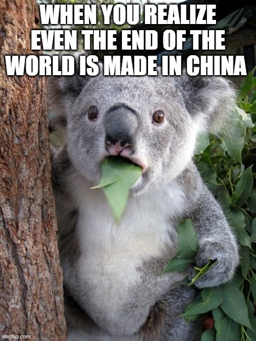 Surprised Koala | WHEN YOU REALIZE EVEN THE END OF THE WORLD IS MADE IN CHINA | image tagged in memes,surprised koala | made w/ Imgflip meme maker