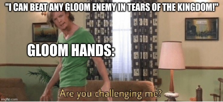 are you challenging me | "I CAN BEAT ANY GLOOM ENEMY IN TEARS OF THE KINGDOM!"; GLOOM HANDS: | image tagged in are you challenging me | made w/ Imgflip meme maker
