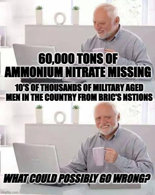 Hide the Pain Harold Meme | 60,000 TONS OF AMMONIUM NITRATE MISSING; 10'S OF THOUSANDS OF MILITARY AGED MEN IN THE COUNTRY FROM BRIC'S NSTIONS; WHAT COULD POSSIBLY GO WRONG? | image tagged in memes,hide the pain harold | made w/ Imgflip meme maker