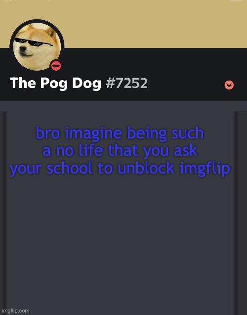 epic doggos epic discord temp | bro imagine being such a no life that you ask your school to unblock imgflip | image tagged in epic doggos epic discord temp | made w/ Imgflip meme maker