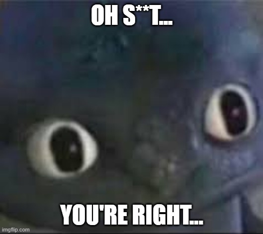 Toothless ._. face | OH S**T... YOU'RE RIGHT... | image tagged in toothless _ face | made w/ Imgflip meme maker