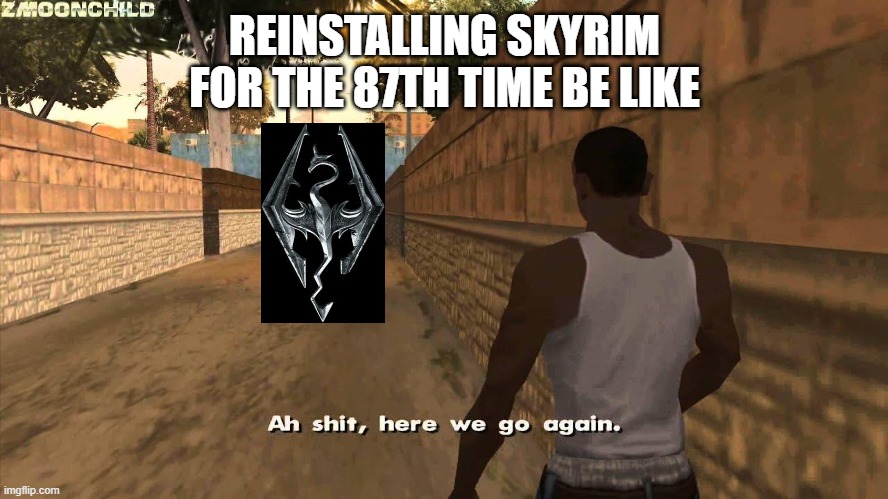 Reinstalling Be Like | REINSTALLING SKYRIM FOR THE 87TH TIME BE LIKE | image tagged in here we go again | made w/ Imgflip meme maker