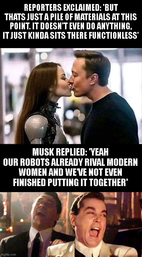 the next step in society lol | REPORTERS EXCLAIMED: 'BUT THATS JUST A PILE OF MATERIALS AT THIS POINT. IT DOESN'T EVEN DO ANYTHING, IT JUST KINDA SITS THERE FUNCTIONLESS'; MUSK REPLIED: 'YEAH OUR ROBOTS ALREADY RIVAL MODERN WOMEN AND WE'VE NOT EVEN FINISHED PUTTING IT TOGETHER' | image tagged in memes,good fellas hilarious | made w/ Imgflip meme maker
