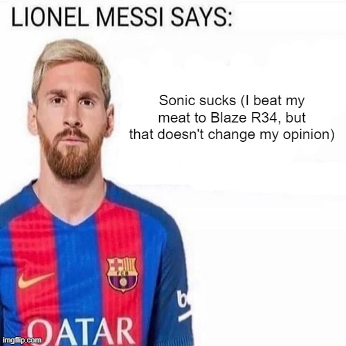 Messi's the one saying it, not me | Sonic sucks (I beat my meat to Blaze R34, but that doesn't change my opinion) | image tagged in lionel messi says | made w/ Imgflip meme maker