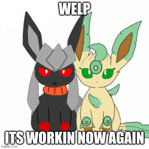 Redceon And Leafe by Sylceon | WELP; ITS WORKIN NOW AGAIN | image tagged in redceon and leafe by sylceon | made w/ Imgflip meme maker