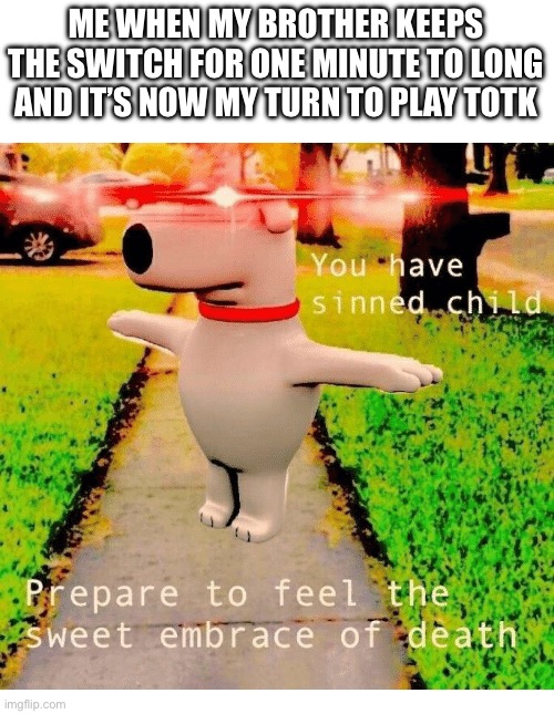 My turn | ME WHEN MY BROTHER KEEPS THE SWITCH FOR ONE MINUTE TO LONG AND IT’S NOW MY TURN TO PLAY TOTK | image tagged in you have sinned child prepare to feel the sweet embrace of death | made w/ Imgflip meme maker