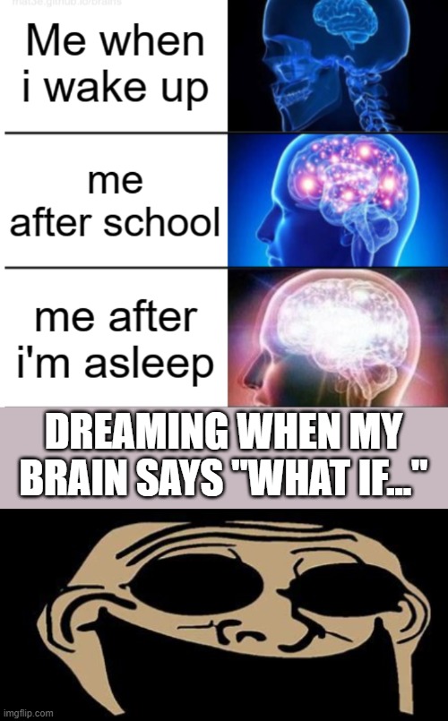 Oh noes | DREAMING WHEN MY BRAIN SAYS "WHAT IF..." | image tagged in troll | made w/ Imgflip meme maker