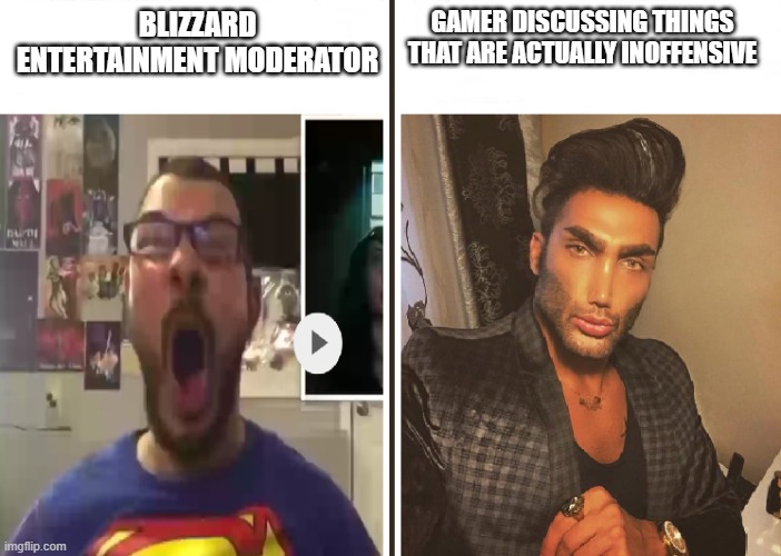 People get banned from Blizzard Forums because of random topics | GAMER DISCUSSING THINGS THAT ARE ACTUALLY INOFFENSIVE; BLIZZARD ENTERTAINMENT MODERATOR | image tagged in average fan vs average enjoyer | made w/ Imgflip meme maker