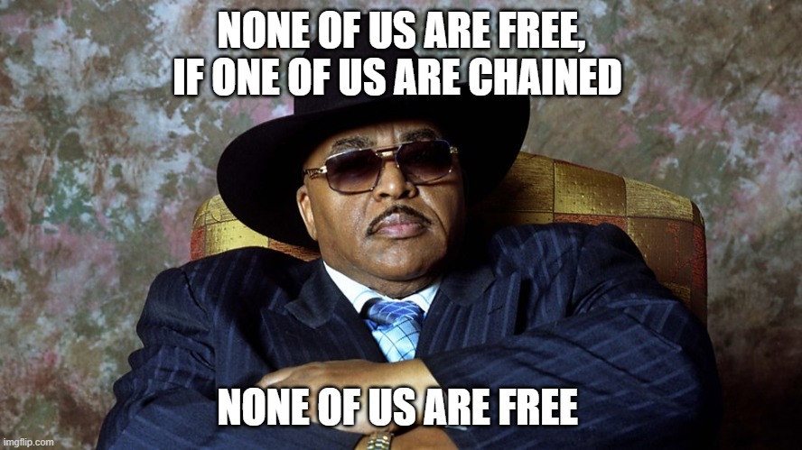 None of us are free, if one of us are chained None of us are free   Solomon Burke | NONE OF US ARE FREE, IF ONE OF US ARE CHAINED; NONE OF US ARE FREE | image tagged in solomon | made w/ Imgflip meme maker