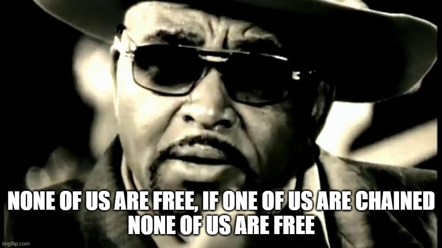 None of us are free, if one of us are chained None of us are free Solomon Burke | NONE OF US ARE FREE, IF ONE OF US ARE CHAINED
NONE OF US ARE FREE | image tagged in free | made w/ Imgflip meme maker