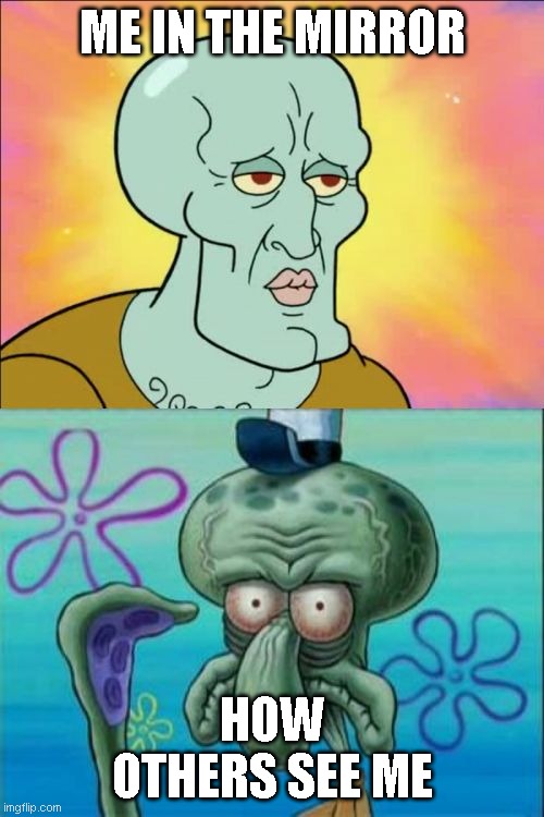 I am bootyful | ME IN THE MIRROR; HOW OTHERS SEE ME | image tagged in memes,squidward,meme,funny,funny memes,funny meme | made w/ Imgflip meme maker