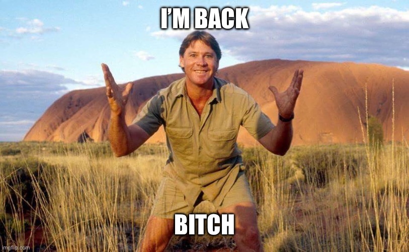 Steve Irwin Crocodile Hunter  | I’M BACK BITCH | image tagged in steve irwin crocodile hunter | made w/ Imgflip meme maker