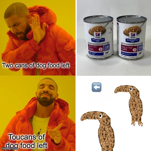 My brain at 2am | Two cans of dog food left; Toucans of dog food left | image tagged in memes,drake hotline bling | made w/ Imgflip meme maker