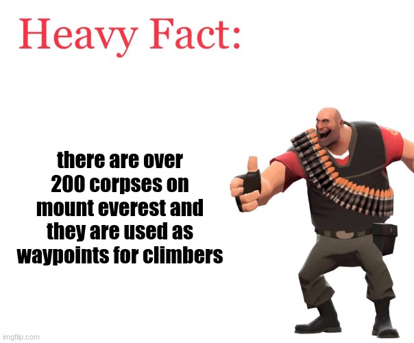 POW HAHA | there are over 200 corpses on mount everest and they are used as waypoints for climbers | image tagged in heavy fact,pow haha,heavy,cursed | made w/ Imgflip meme maker