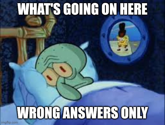 Squidward can't sleep with the spoons rattling | WHAT'S GOING ON HERE; WRONG ANSWERS ONLY | image tagged in squidward can't sleep with the spoons rattling | made w/ Imgflip meme maker